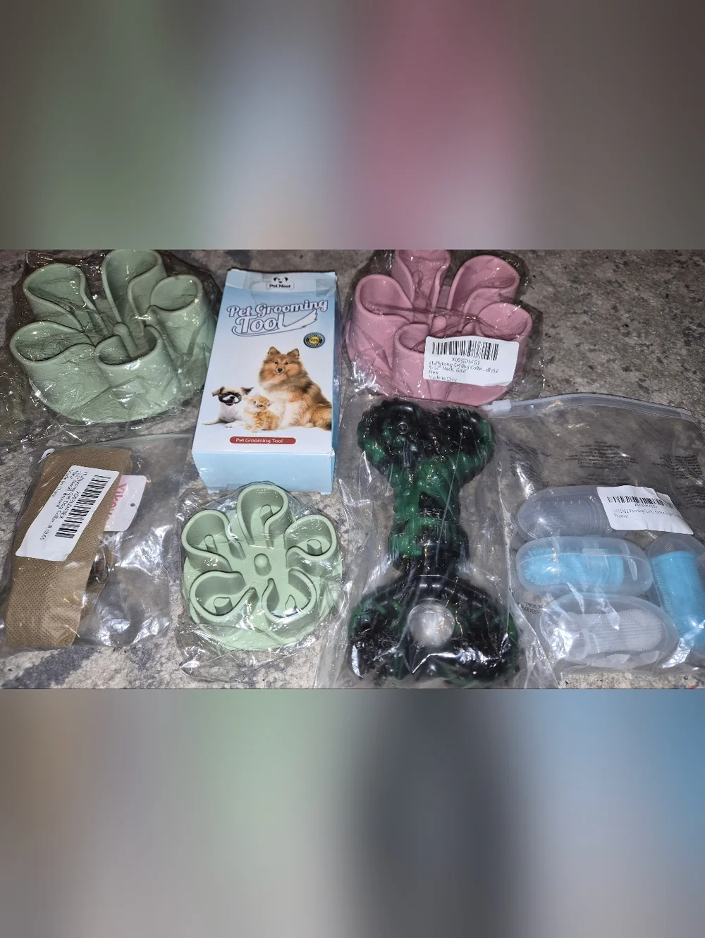 Dog Pet Grooming Slow Feeder Puzzle Toys, Collars, Tooth Brushes - Green & Pink